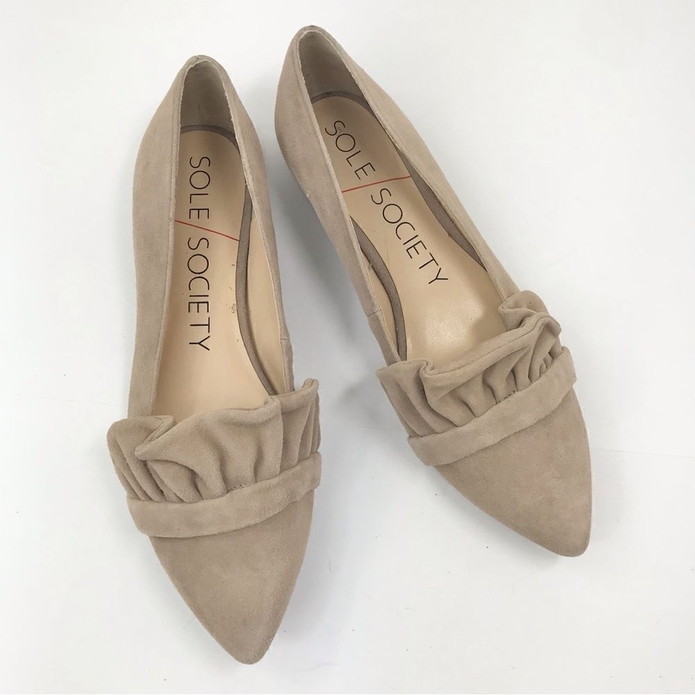 Sole Society KAMBER Tan Suede Leather Ruffle Pointed Toe Slip On Ballet Flat NEW
